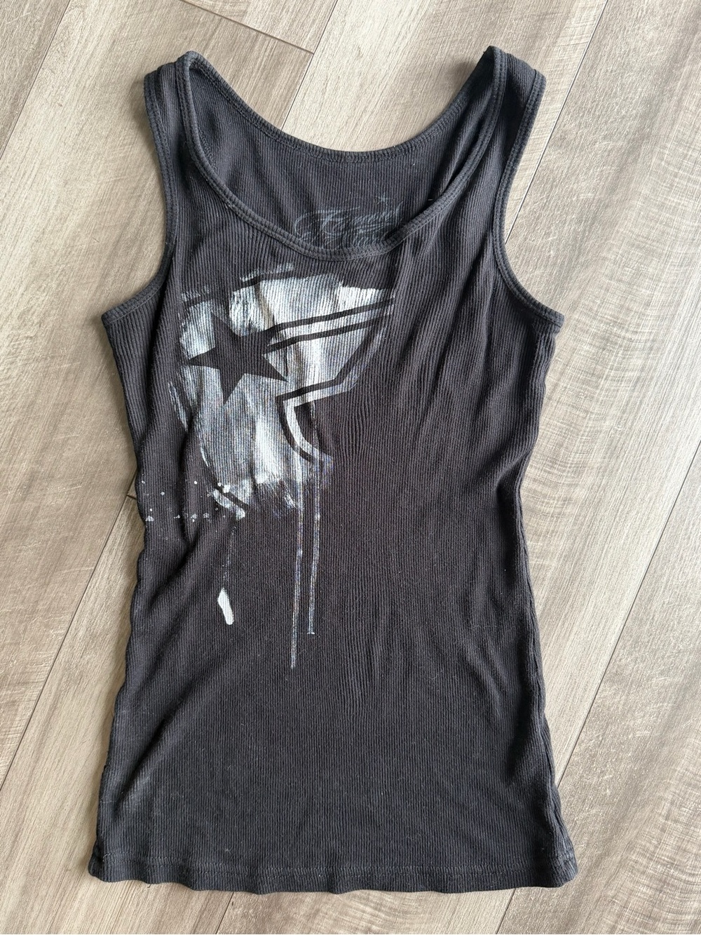 Y2K Famous Stars & Straps Black Graphic Paint Tank Top Women’s Sz S Grunge Vtg